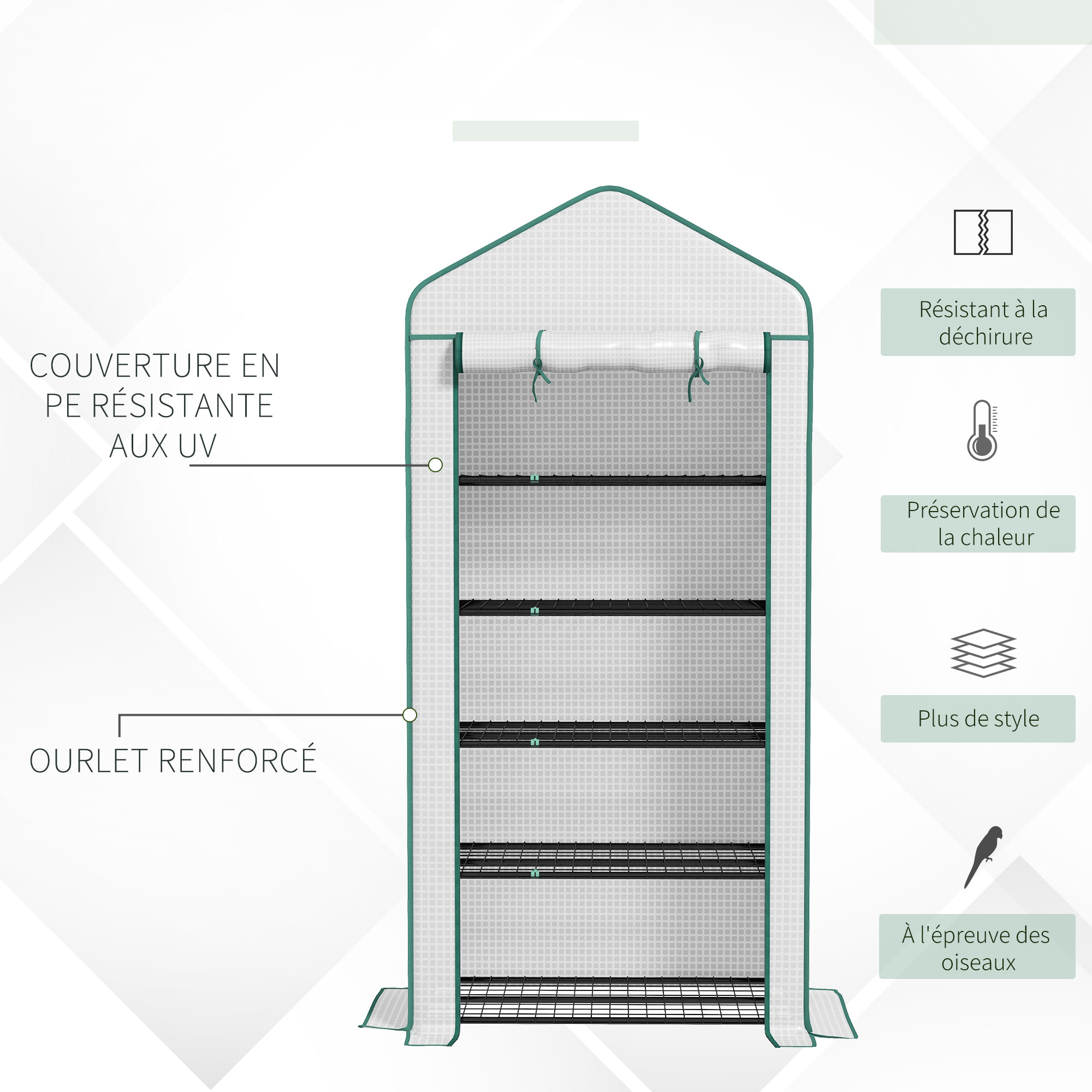 Serre de jardin balcon 5 niveaux porte acier PE blanc