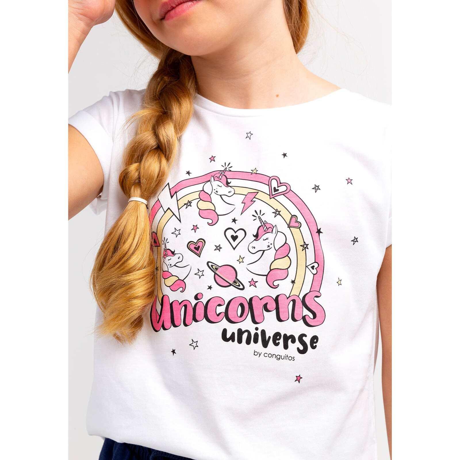 Camiseta de Niña Estampado Unicornio En Blanco