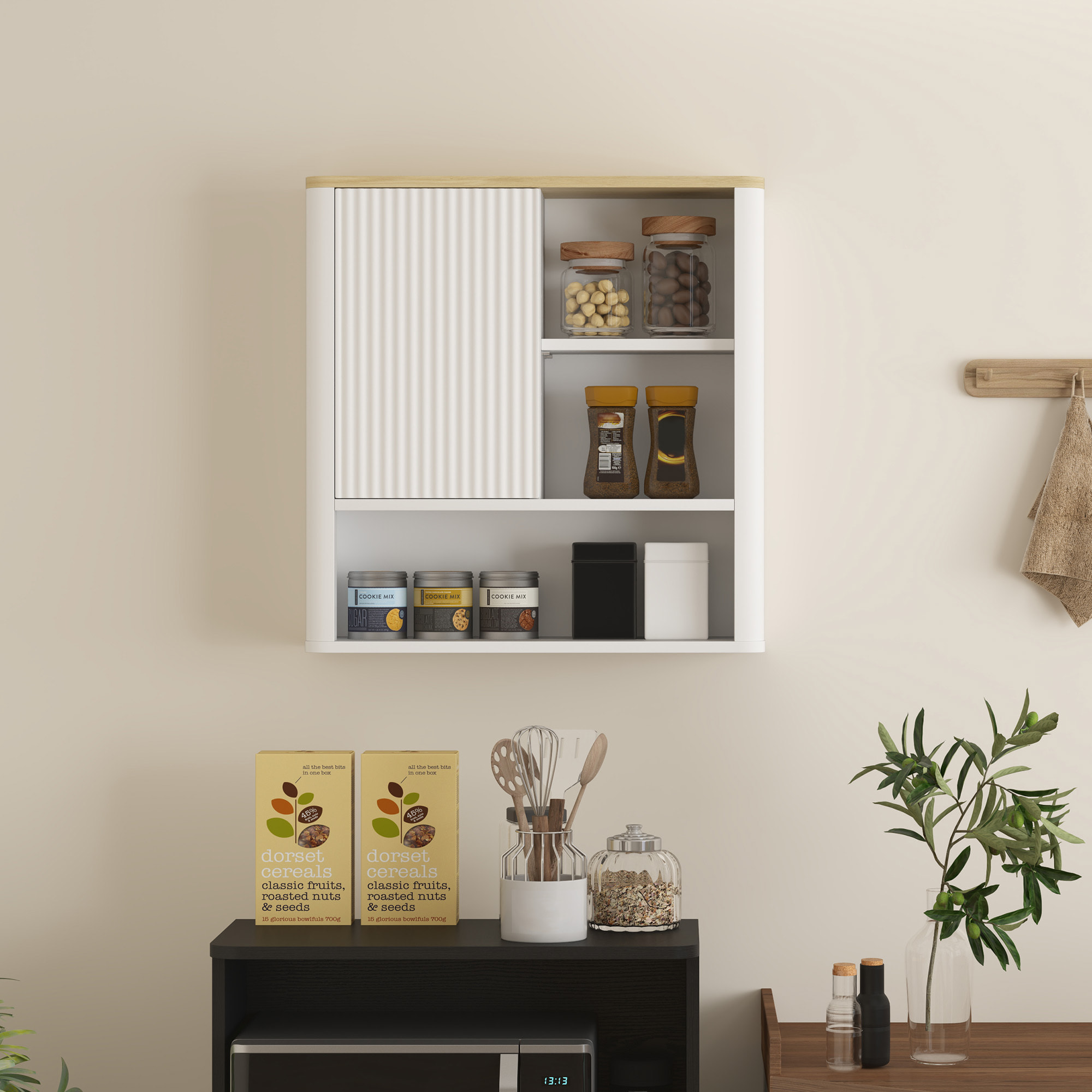 Armario de Baño de Pared Mueble de Baño Colgar con Estantes Ajustables Puerta Corredera Compartimentos y Diseño con Perfil Curvo 60x20x62 cm Blanco