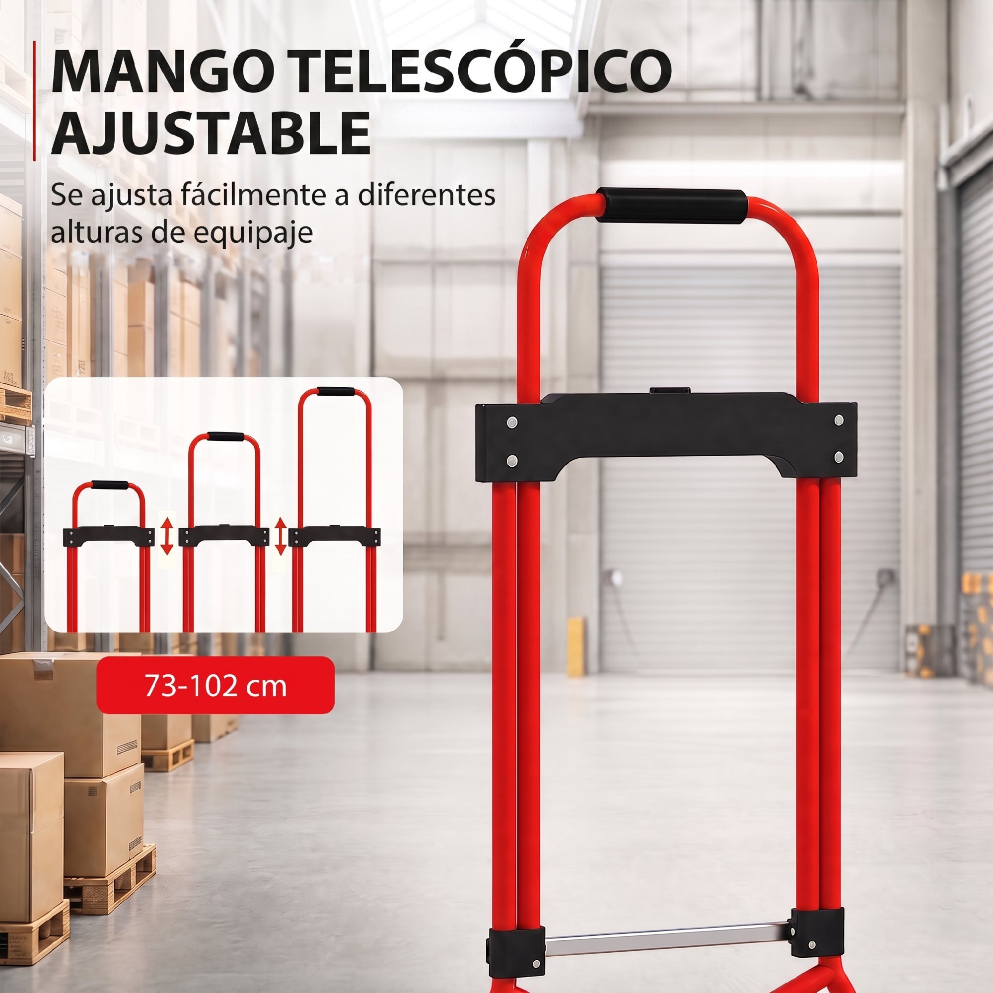 Carretilla Plegable con Mango Telescópico Ajustable, Carga 60 kg, Carretilla de Mano con Ruedas, para Garaje, Oficina, Equipaje, Viajes, Mudanzas y Compras, Rojo