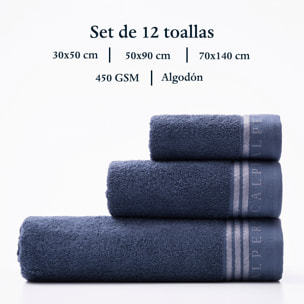 Juego de 4 sets de 3 toallas (4x tocador 30x50cm + 4x manos 50x90cm + 4x baño 70x140cm) 450gsm en algodón, blanco-azul-gris scalpers home