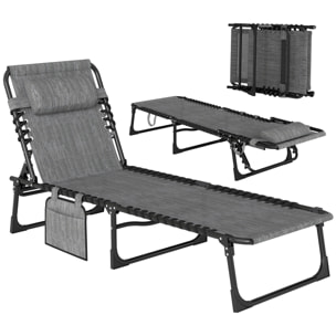 Bain de soleil transat pliable dossier inclinable acier époxy noir lacets élastiques textilène gris chiné