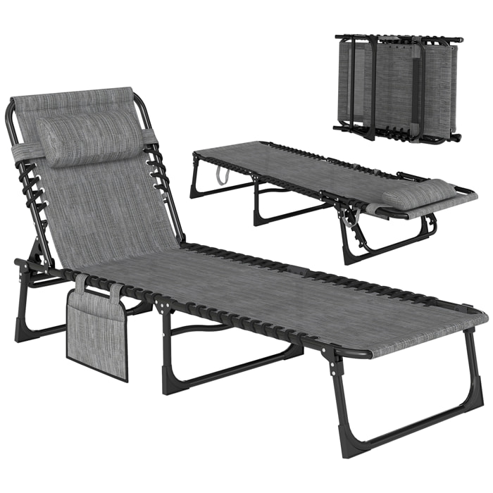 Bain de soleil transat pliable dossier inclinable acier époxy noir lacets élastiques textilène gris chiné