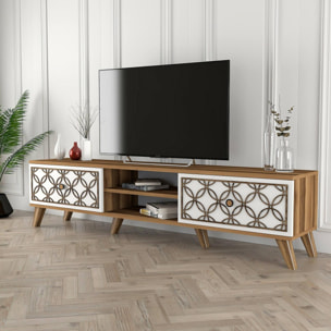 Mobile porta TV Dpietr, Credenza da soggiorno, Armadio basso per TV, Base parete attrezzata, 180x35h44 cm, Noce e Bianco