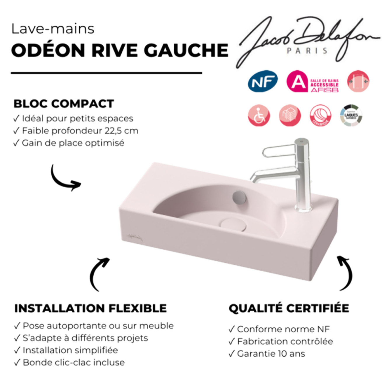 Lave-mains compact 50 cm Odéon Rive Gauche 1 trou de robinetterie à droite Rose pâle satiné avec bonde
