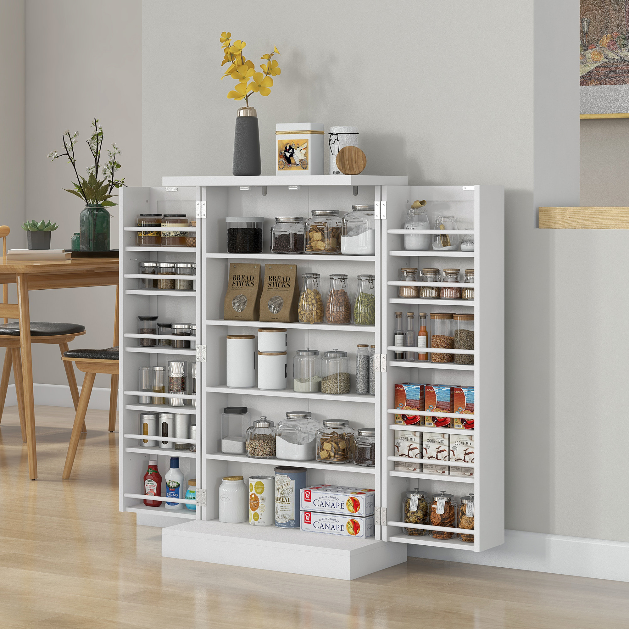 Armario de Cocina, Armario Despensa Cocina, con 2 Puertas, 16 Estantes, Alacena Moderna, con Estantes Ajustables, para Comedor, Salón, 60x30x104 cm, Blanco