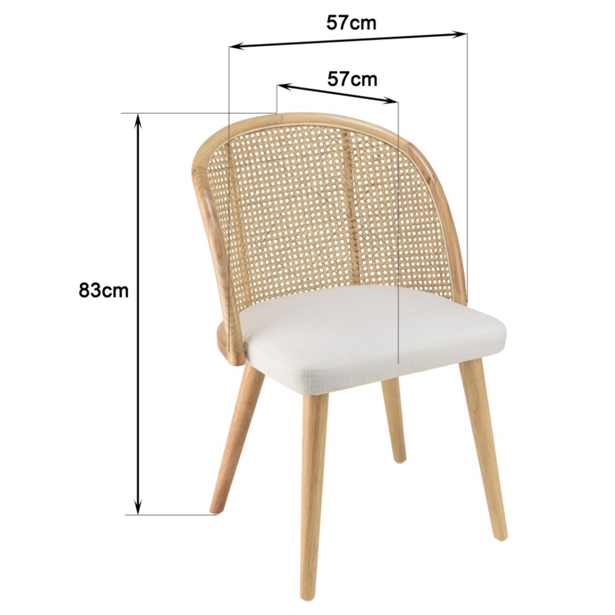 AGATHE - Chaise bois d'Hévéa assise tissu blanc dossier arrondi rotin
