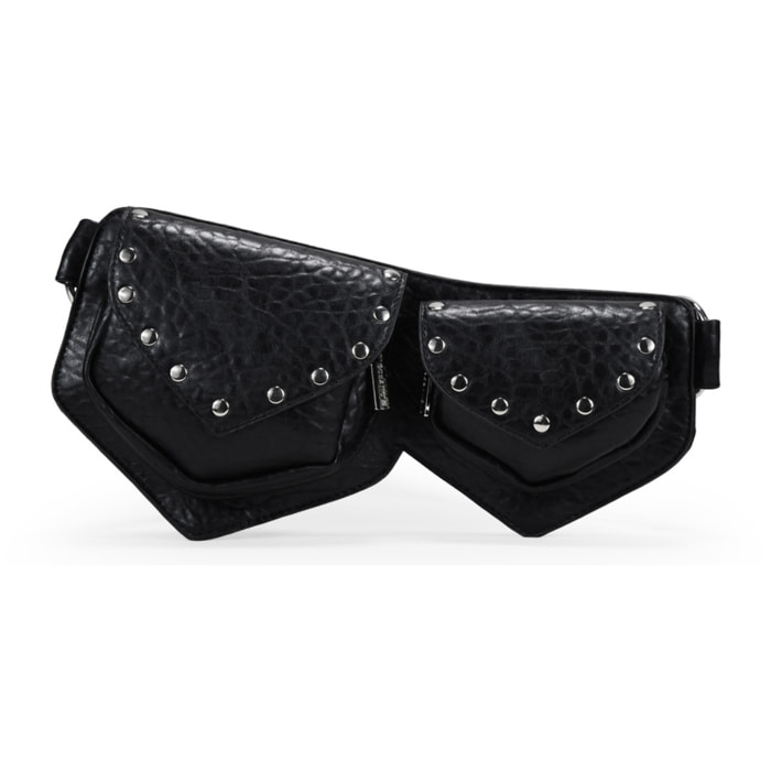 Riñonera negra con doble bolsillo y solapas