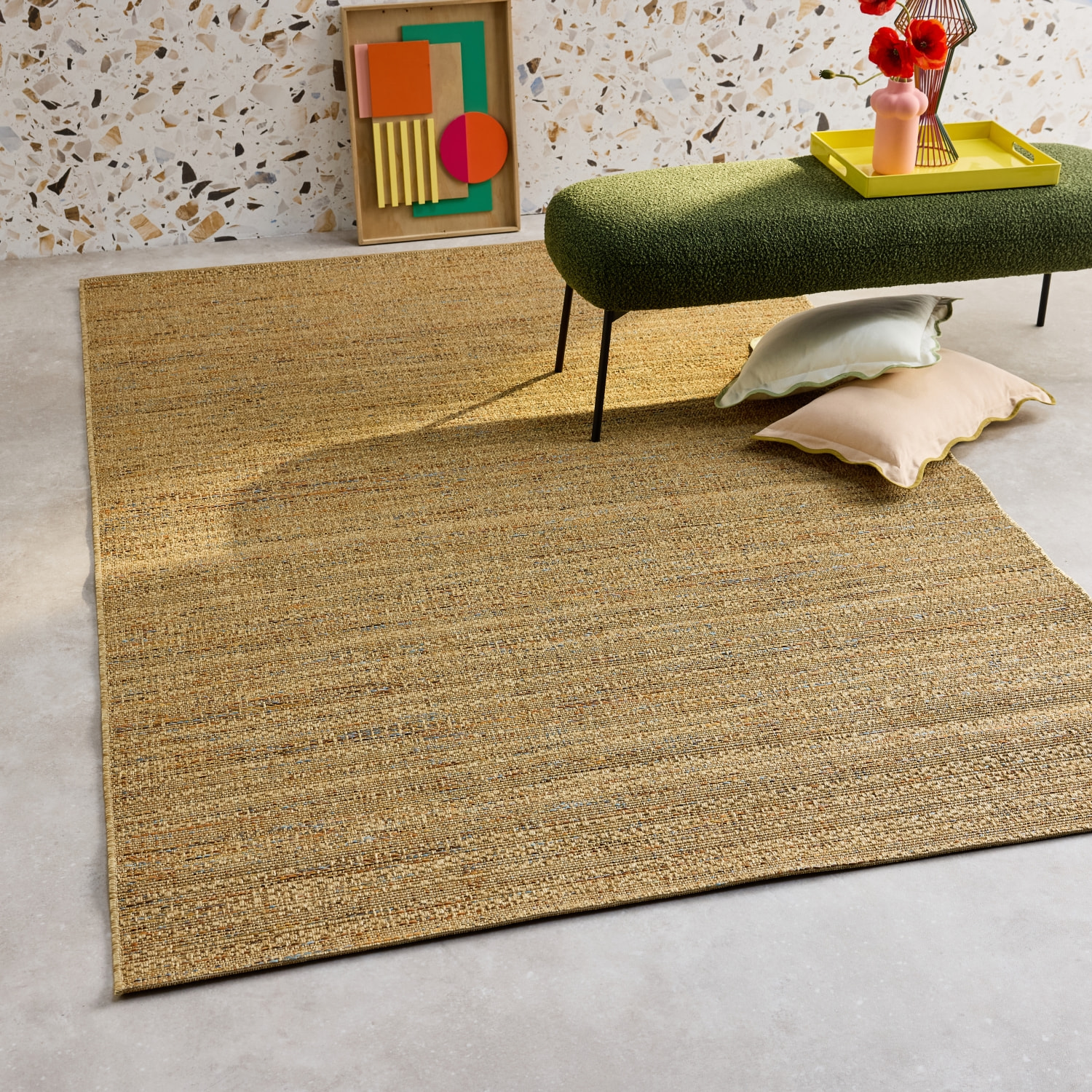 Tapis intérieur/extérieur effet jute claire avec touches de couleur EMILY