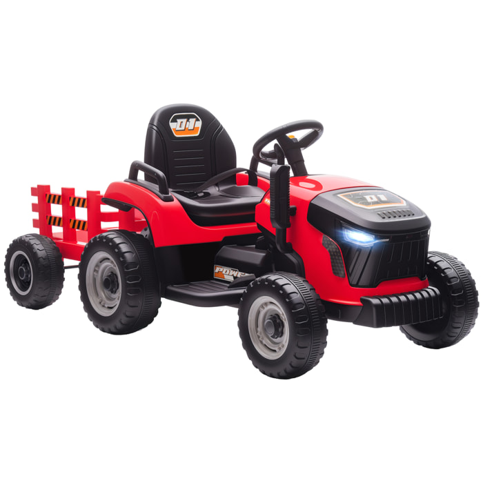 Tractor Eléctrico para Niños con Remolque Desmontable, Tractor de Juguete de Batería 12V, Velocidad 3-5 km/h, Control Remoto 2,4G, Música, Bocina, para Niños de 3-8 Años, Rojo