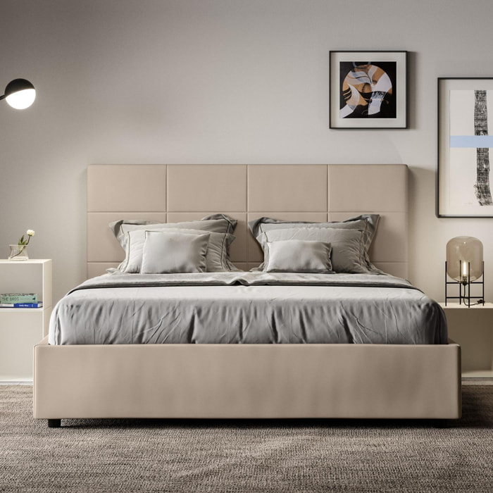 Cama con almacenaje acolchada 160x200 cuero sintético gris paloma Mika