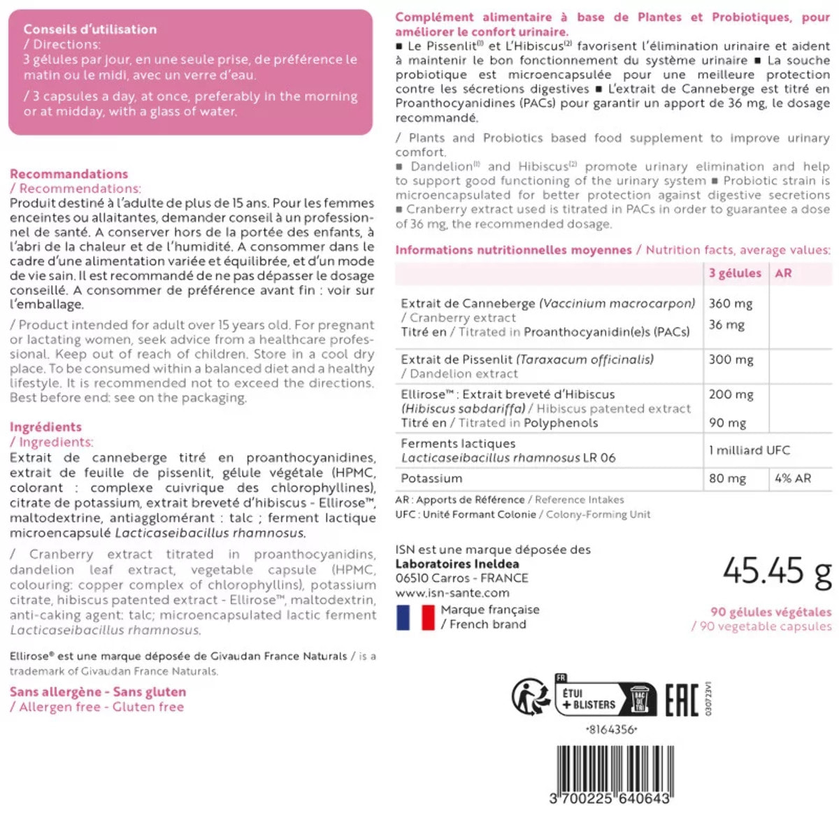 INELDEA SANTE NATURELLE - Cystinil - Complément alimentaire naturel - Améliore le confort urinaire - 90 gélules végétales