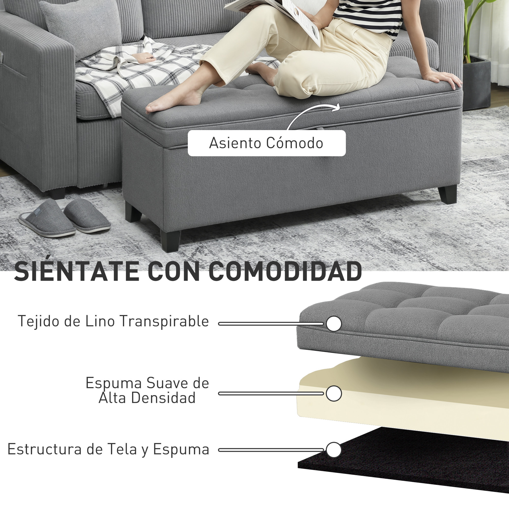 Puff Almacenaje Banco Almacenaje 112L Tapizado en Lino con 2 Bisagras de Seguridad Tapa Abatible y Asiento con Capitoné para Dormitorio Salón Entrada Carga 120 kg 120x40x48 cm Gris Oscuro