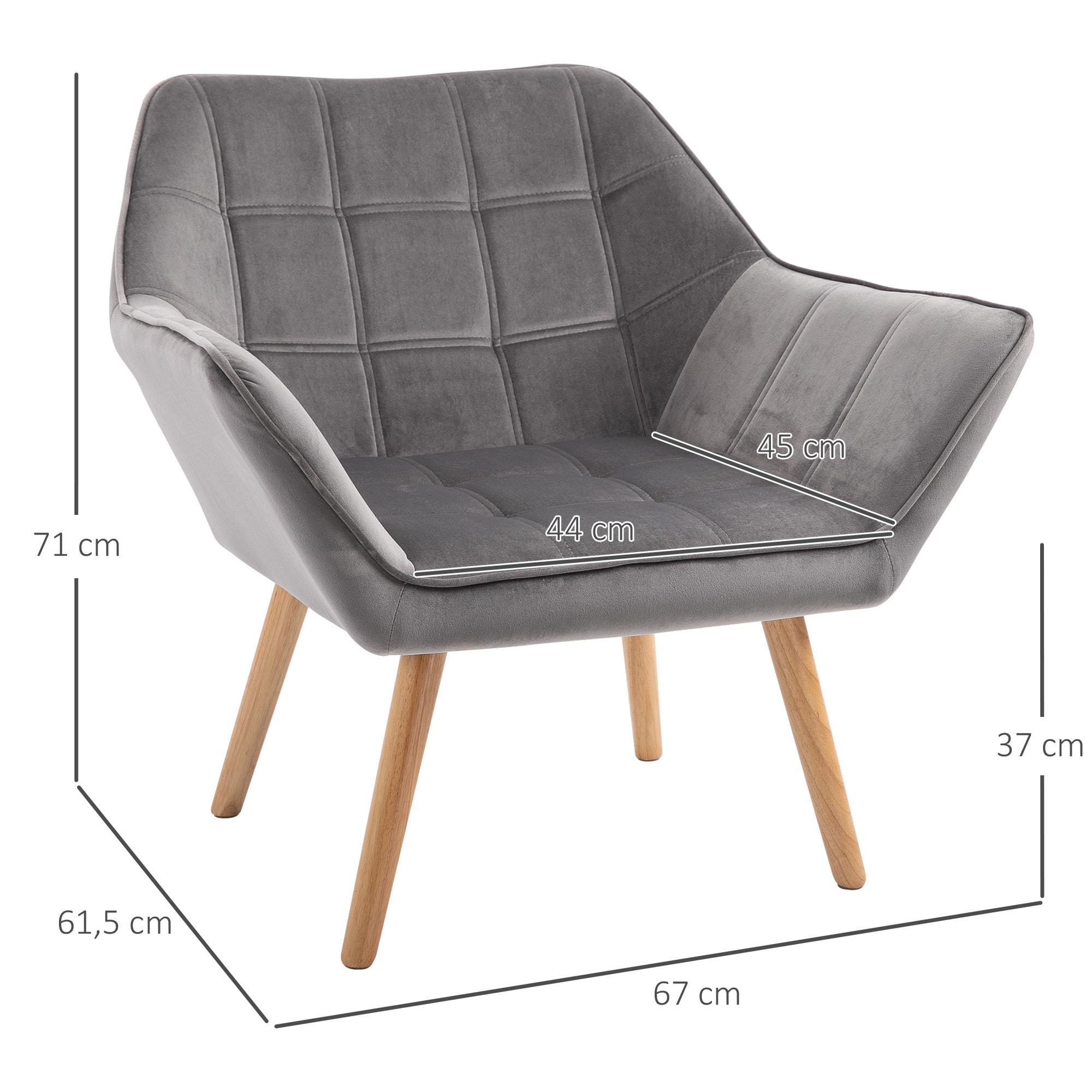 Butaca de Salón Moderna, Sillón Lectura Tapizado en Terciopelo con Asiento Ancho, Patas de Madera, Fácil Montaje, Sillón Relax para Sala de Estar, Dormitorio y Balcón, Gris