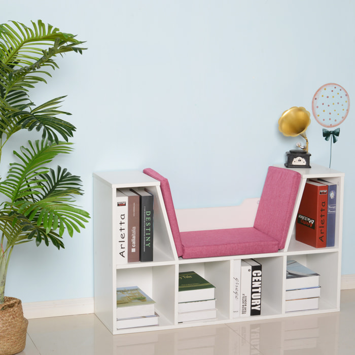 Bibliothèque banc 2 en 1 design contemporain 6 casiers 3 coussins fournis 102L x 30l x 61H cm blanc rose