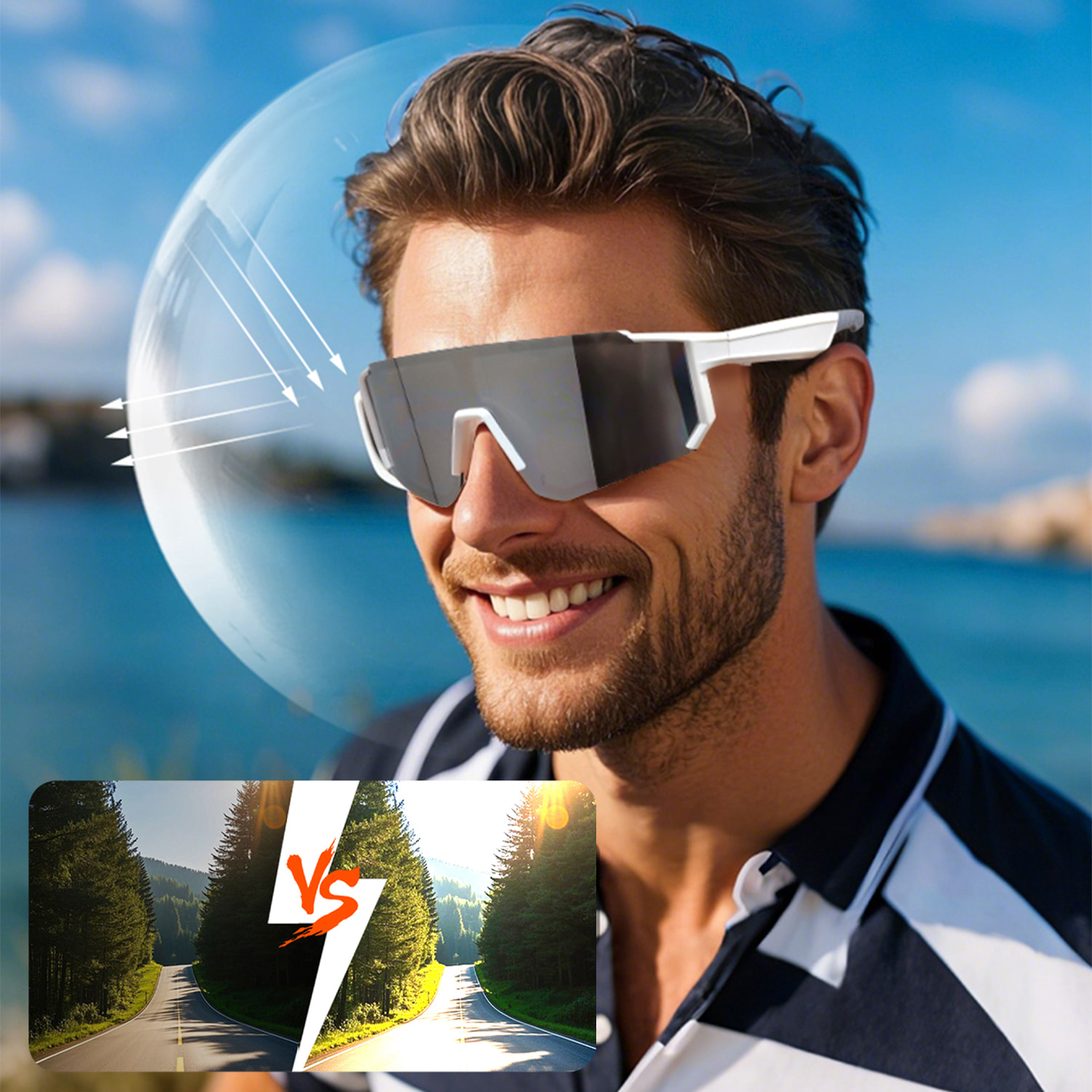 Occhiali sportivi intelligenti QY01, chiamata bluetooth, assistente vocale, controllo remoto della fotocamera.