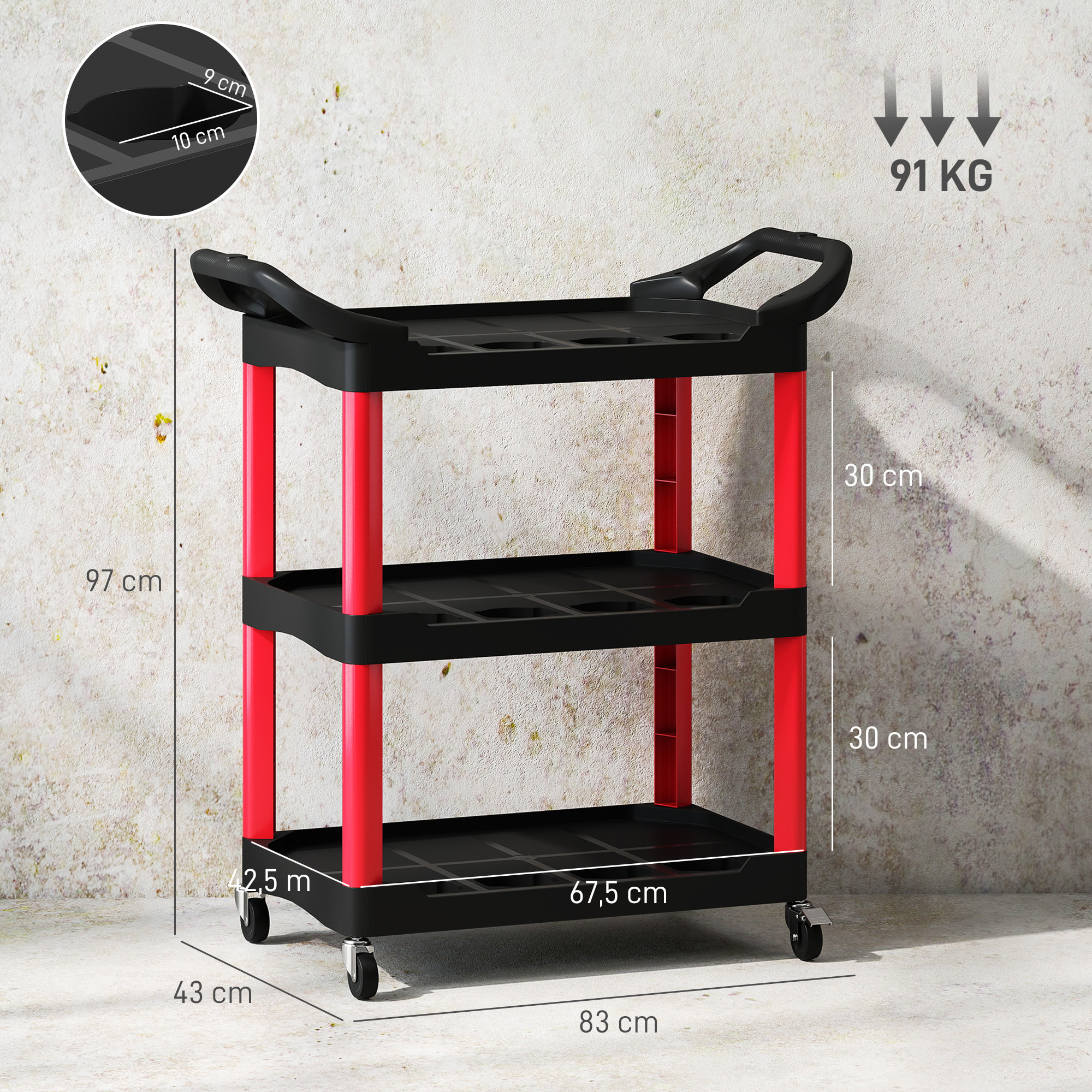 Servante chariot à outils 3 niveaux 12 espaces 2 poignées latérales max. 91 Kg plastique rouge noir