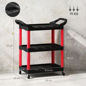 Servante chariot à outils 3 niveaux 12 espaces 2 poignées latérales max. 91 Kg plastique rouge noir