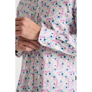 Camicia Uomo 1 Bottoni Button Down Slim Popeline Stretch Stampato Bianco Rosa Cipria