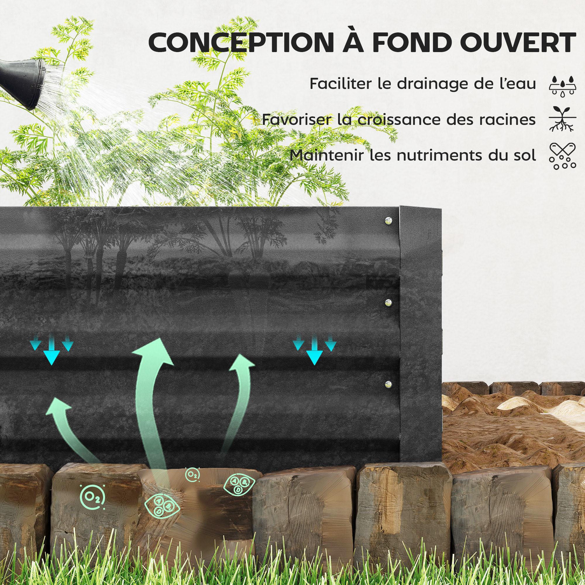 Carré potager de jardin dim. 241L x 90l x 30H cm tôle d'acier ondulée noir