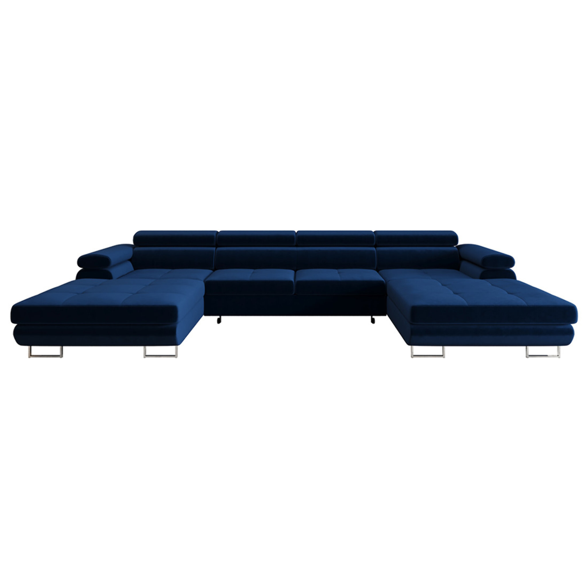 Ayden - Canapé panoramique en U 7 places convertible avec coffre et têtières réglables en tissu - Bleu
