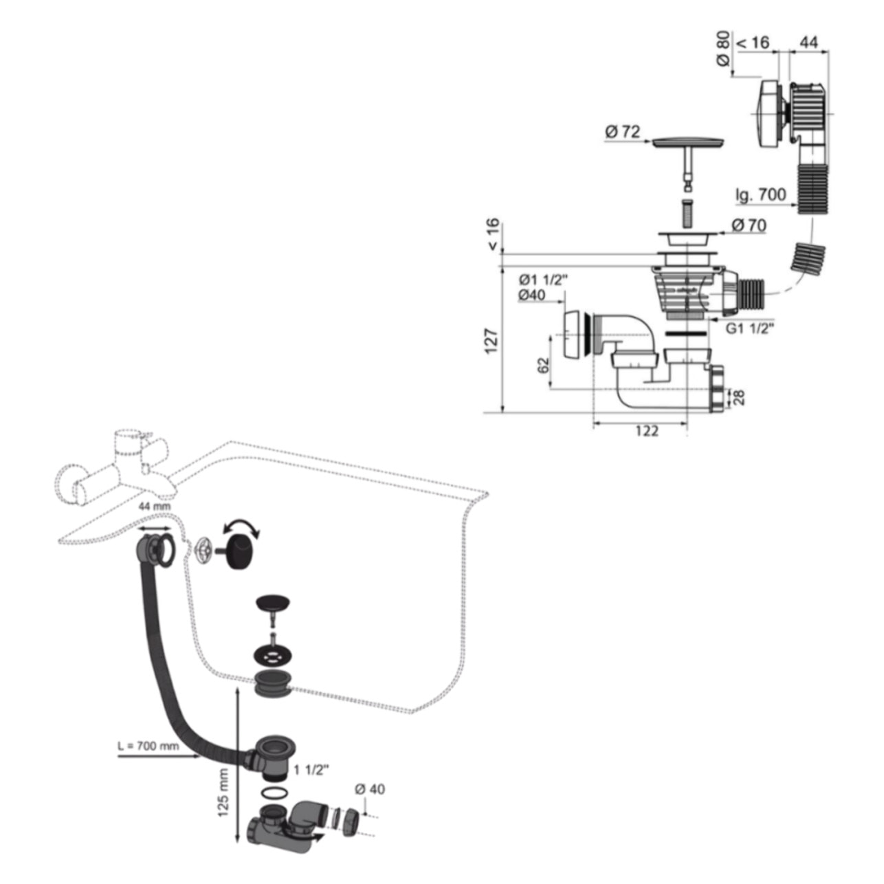Pack baignoire droite 170 X 75 Brive + pare bain avec vidage doré