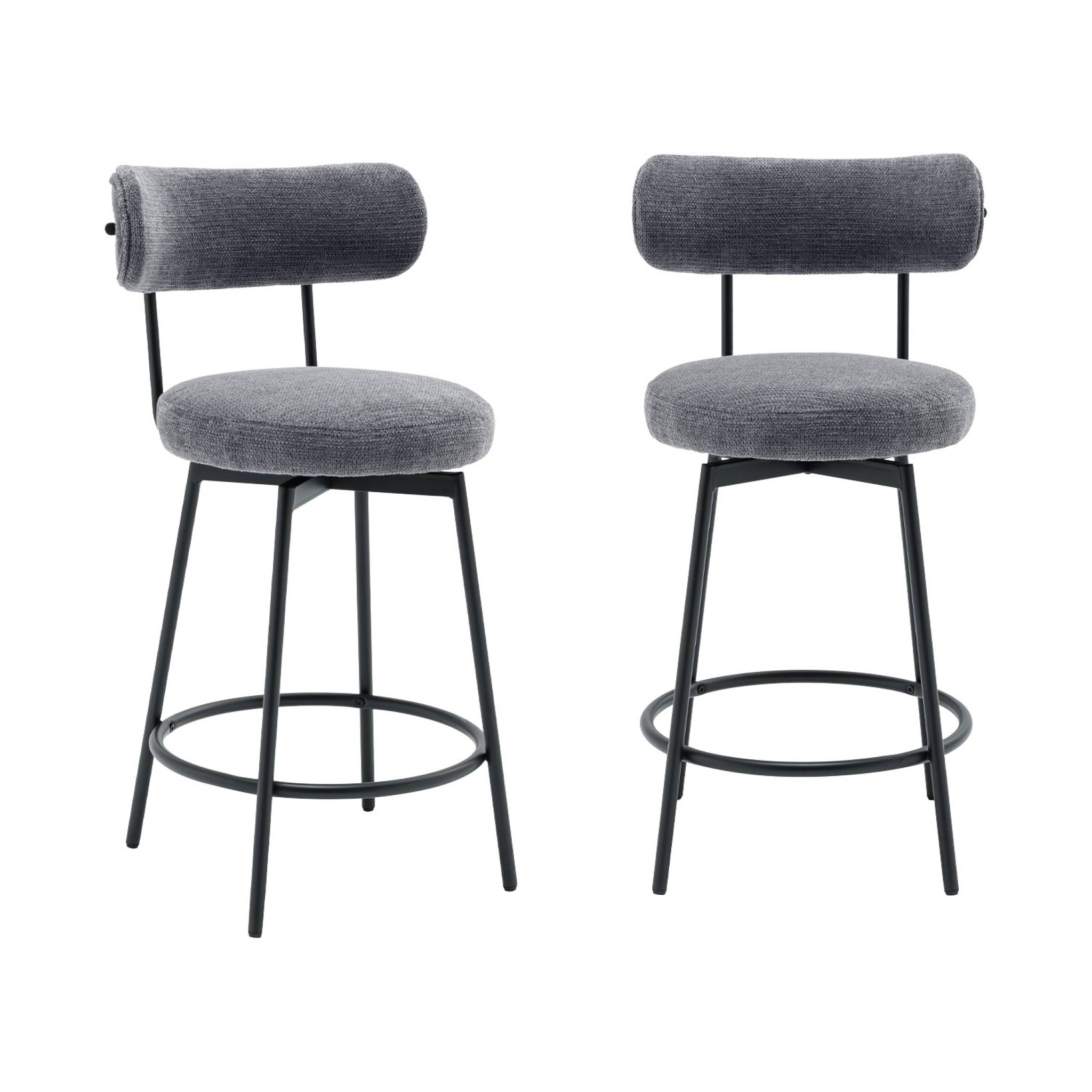 Lot de deux tabourets de bar assise rotative métal noir et tissu gris - L 50 x P 50 x H 92cm - Iris