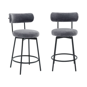 Lot de deux tabourets de bar assise rotative métal noir et tissu gris - L 50 x P 50 x H 92cm - Iris