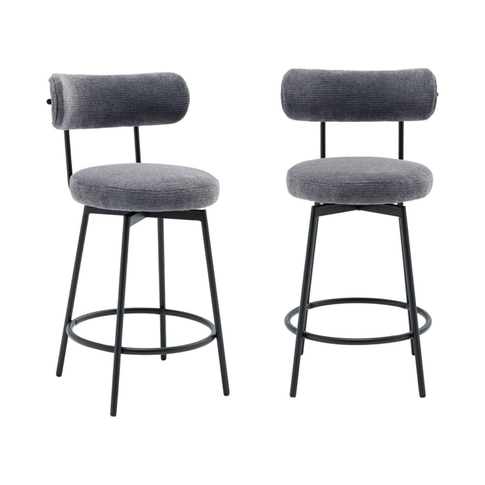 Lot de deux tabourets de bar assise rotative métal noir et tissu gris - L 50 x P 50 x H 92cm - Iris