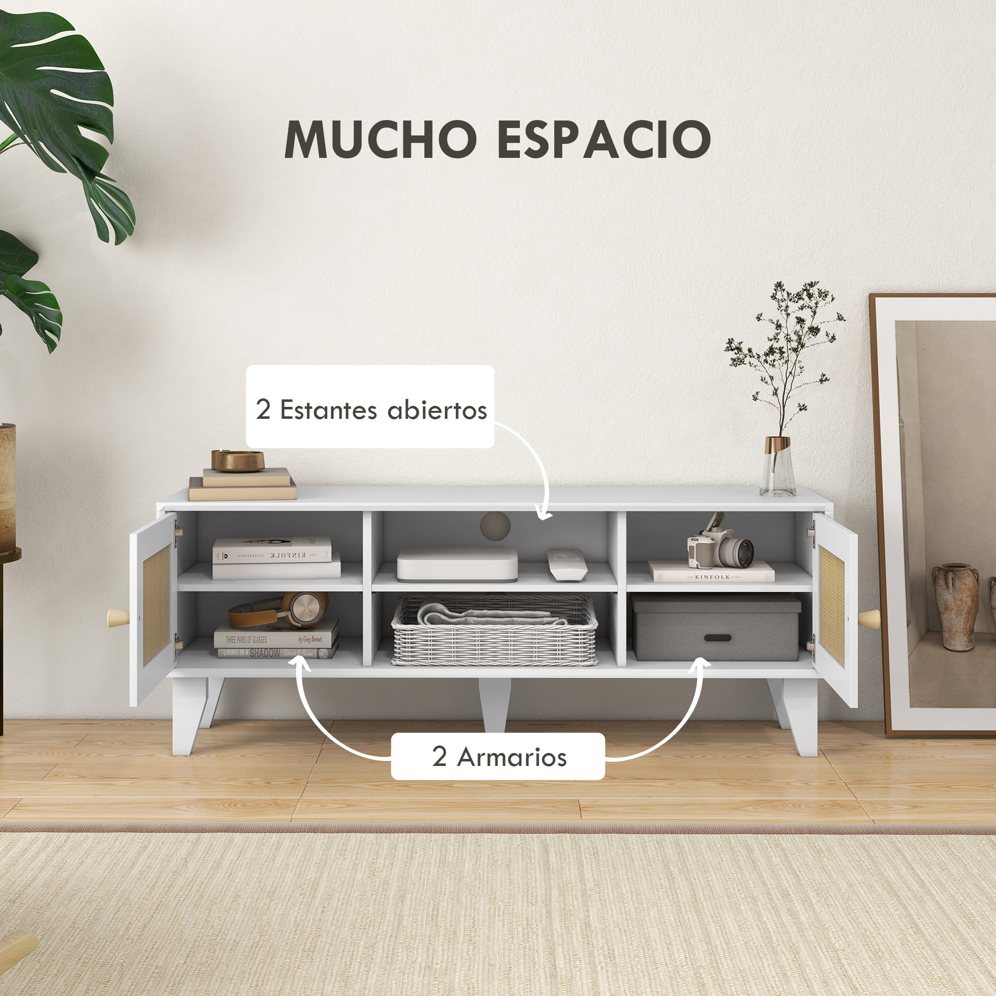 Conjunto para el Hogar Incluye 1 Mueble de TV 1 Mesa Consola 1 Banco Zapatero con Asiento y 1 Mesita Auxiliar con Elemento de Ratán Estilo Bohemio Blanco