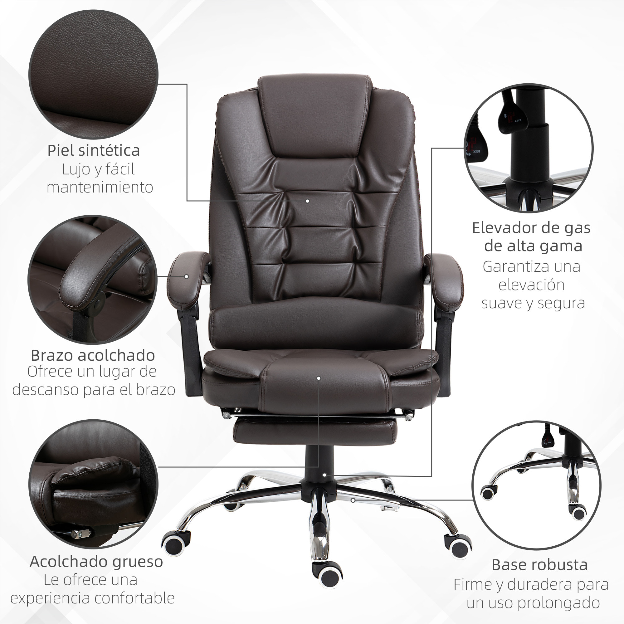 Silla de Oficina Reclinable Silla de Escritorio con Reposapiés Silla Ejecutiva Giratoria con Altura Ajustable Tapizada en PU y Reposabrazos para Estudio Café