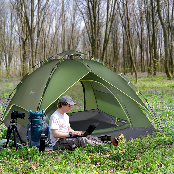 Tente de camping pop up 2-3 personnes 2 portes vert kaki montage démontage facile sac de transport inclus fibre verre polyester