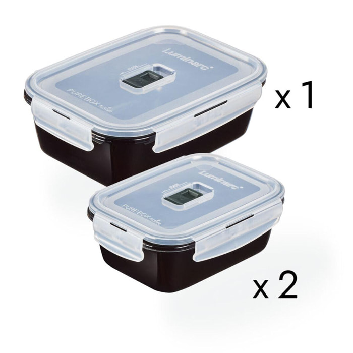 Lot de 3 boites hermétiques rectangles noires Pure Box Active - Verre trempé - Hermétique et Extra résistant
