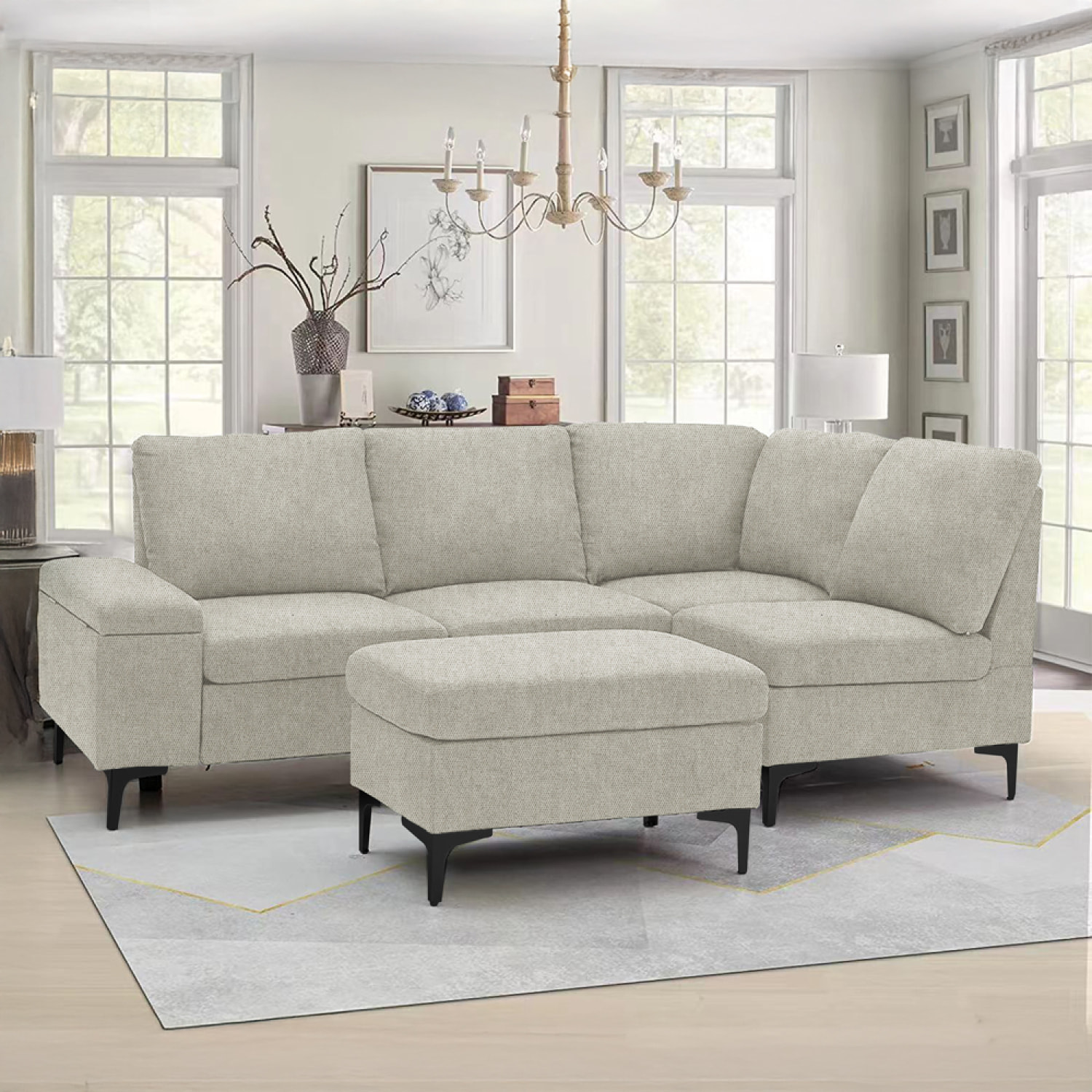 BRADLEY Canapé d'angle 4/5 places en tissu chenille beige avec pouf