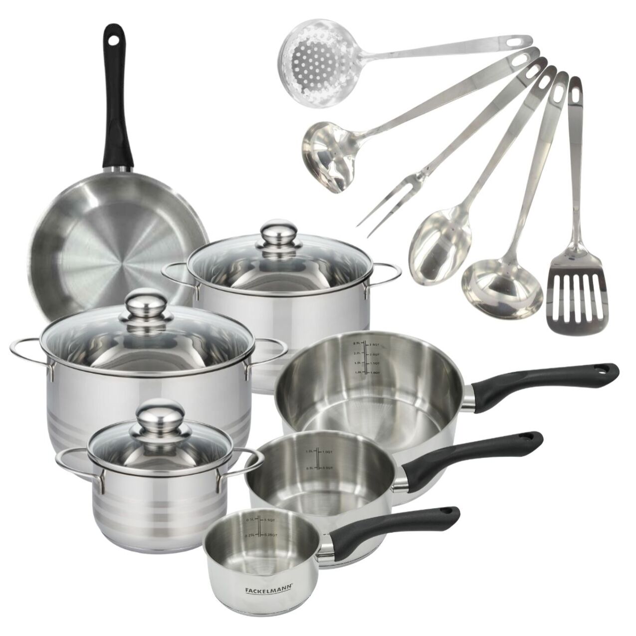 Set 1 poêle,  3 casseroles 12 16 20 cm, 3 faitouts 16, 20 et 24 cm en inox et 6 ustensiles inox Fackelmann Geneva