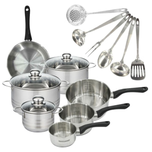 Set 1 poêle,  3 casseroles 12 16 20 cm, 3 faitouts 16, 20 et 24 cm en inox et 6 ustensiles inox Fackelmann Geneva