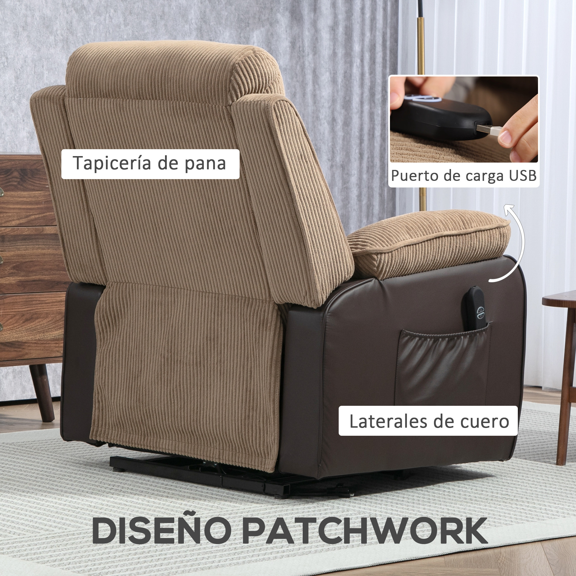 Sillón Relax Reclinable Eléctrico Levanta Personas, Sillón Elevador, con Puerto USB, Control Remoto, Reposapiés, Tapizado en Pana, Bolsillos Laterales, Marrón