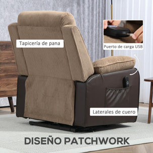 Sillón Relax Reclinable Eléctrico Levanta Personas, Sillón Elevador, con Puerto USB, Control Remoto, Reposapiés, Tapizado en Pana, Bolsillos Laterales, Marrón