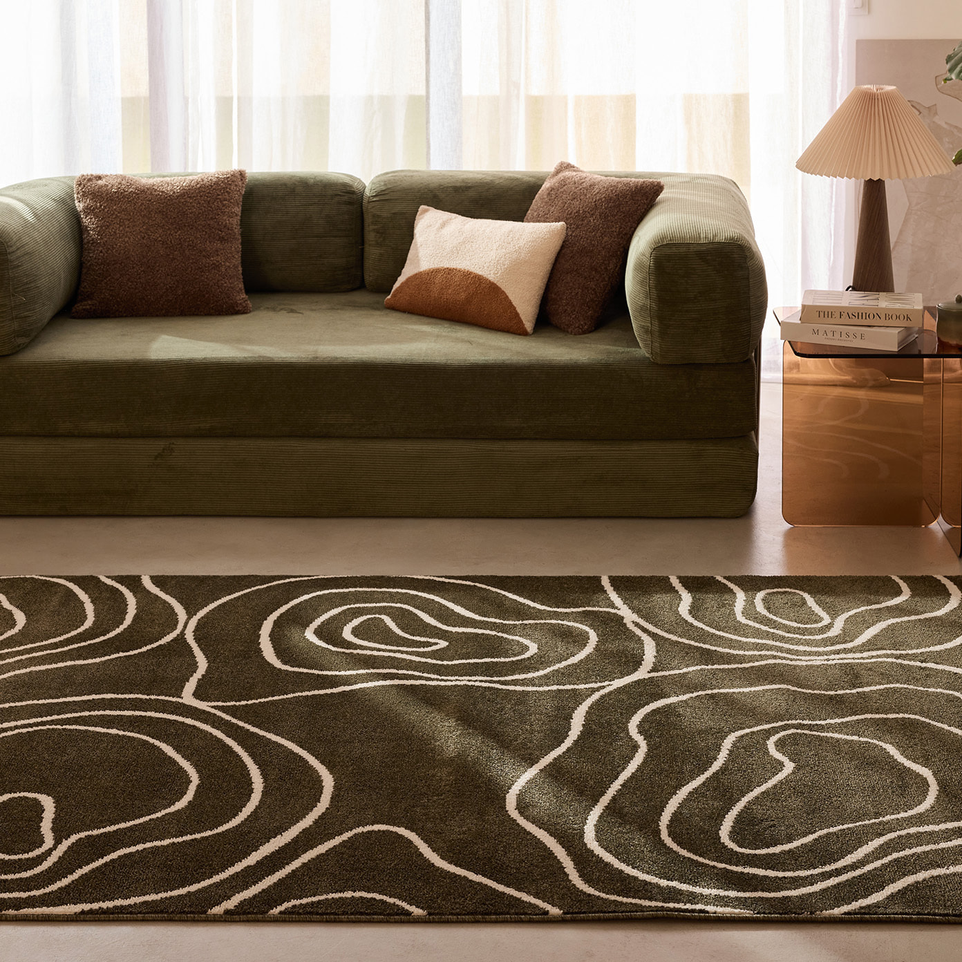 SANTAL - Tapis de salon vert à motif floral