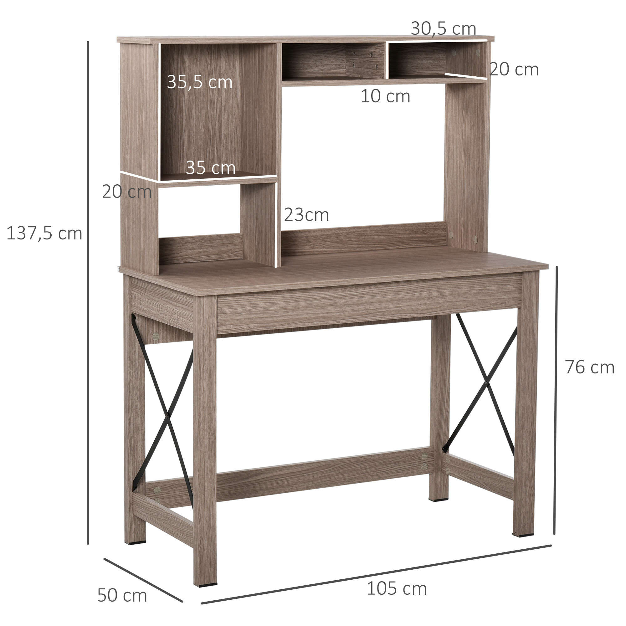 Bureau bibliothèque 2 en 1 - 3 niches 4 espaces de rangement - panneaux particules aspect bois marron clair métal noir