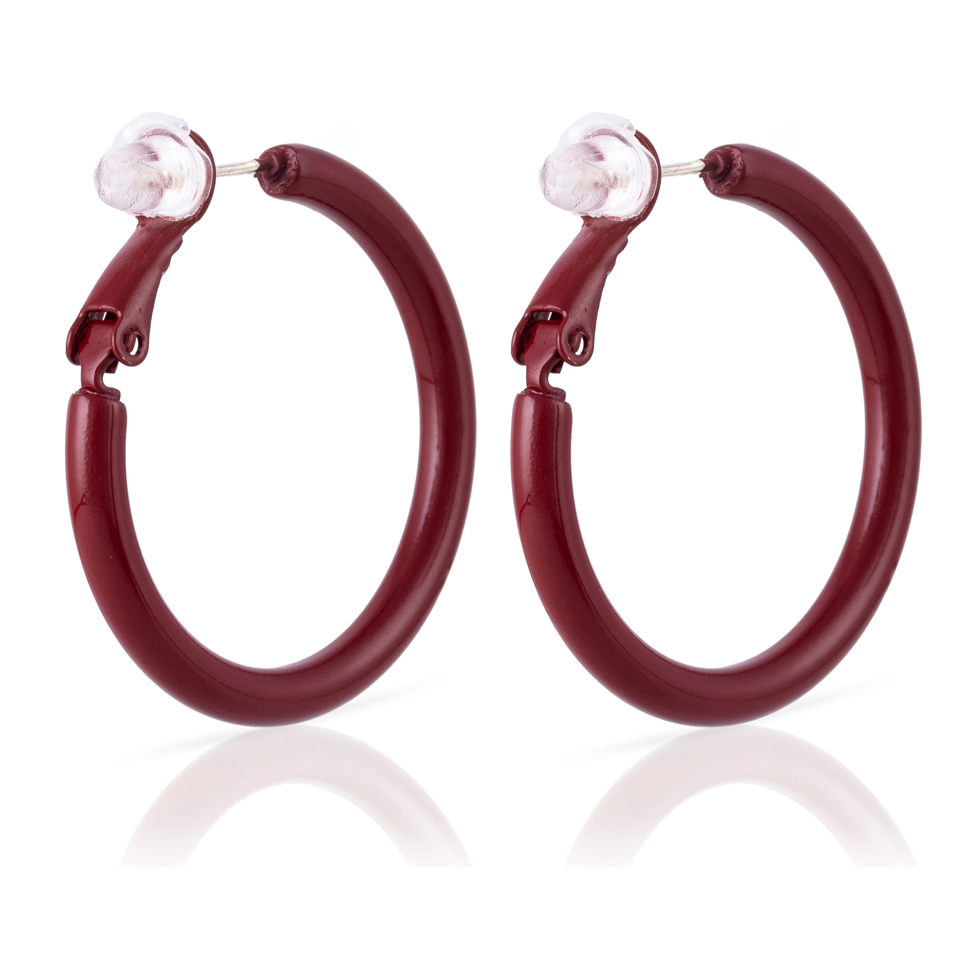 Pendientes de aro liso de cobre con recubrimiento electroplateado color blanco, 30 mm, cierre catalán de plata de ley 925 con acabado granate electroplateado.