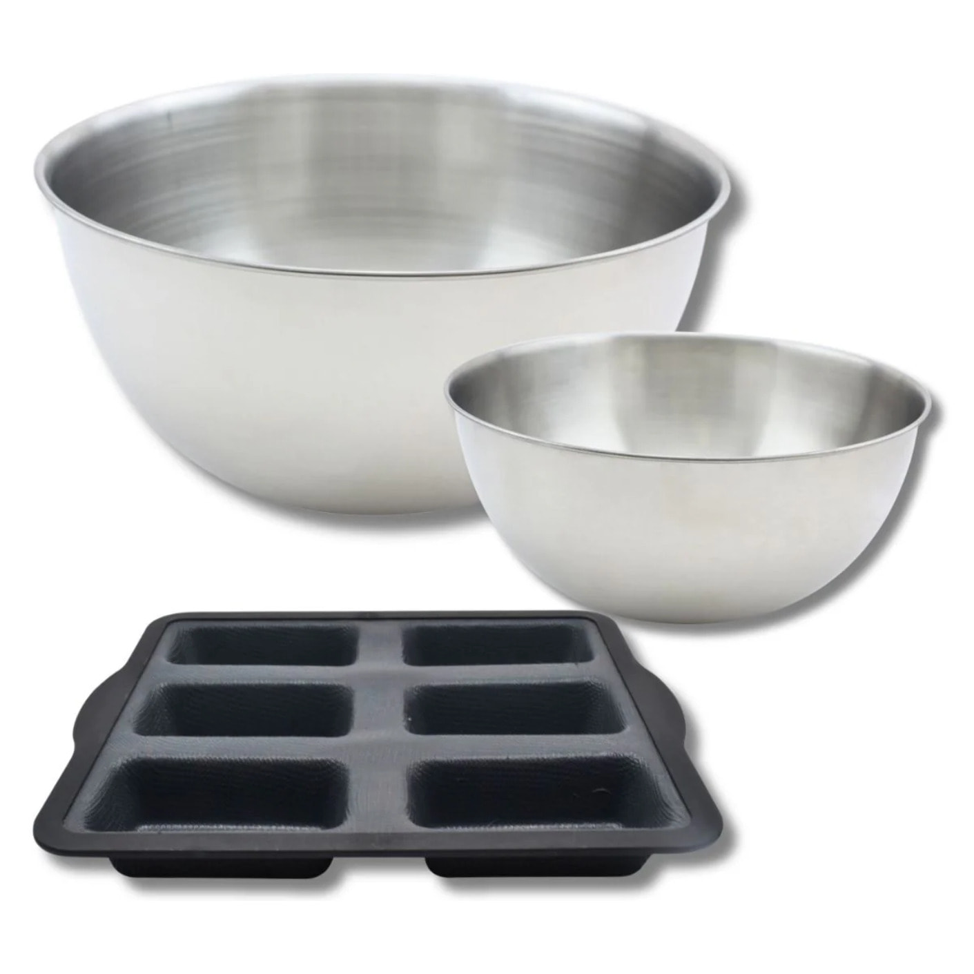 Lot comprenant 1 Moule à financier en silicone fibre de verre, 1 spatule Zenker et 2 bols à mixer en inox Fackelmann