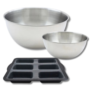 Lot comprenant 1 Moule à financier en silicone fibre de verre, 1 spatule Zenker et 2 bols à mixer en inox Fackelmann