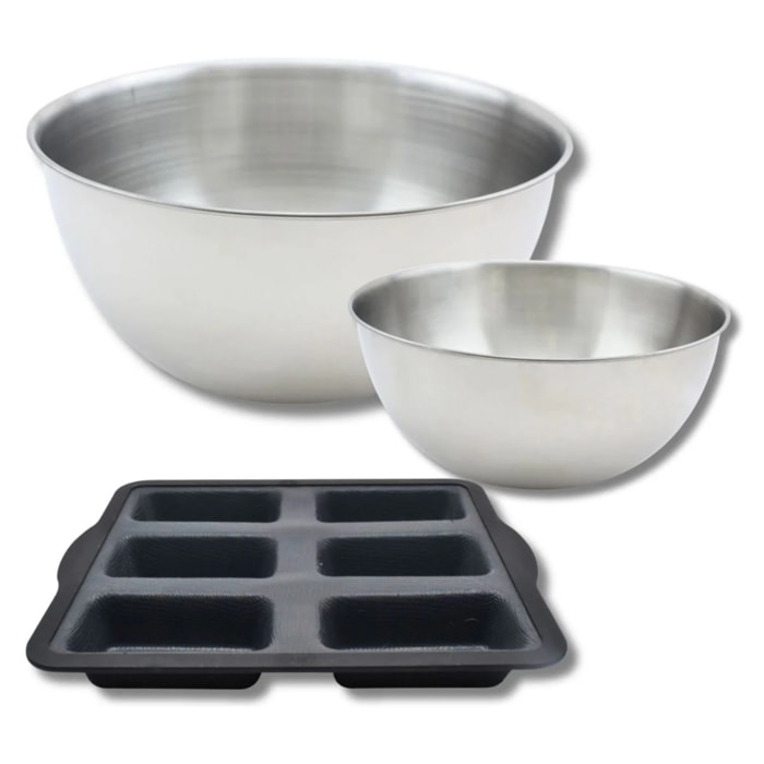 Lot comprenant 1 Moule à financier en silicone fibre de verre, 1 spatule Zenker et 2 bols à mixer en inox Fackelmann