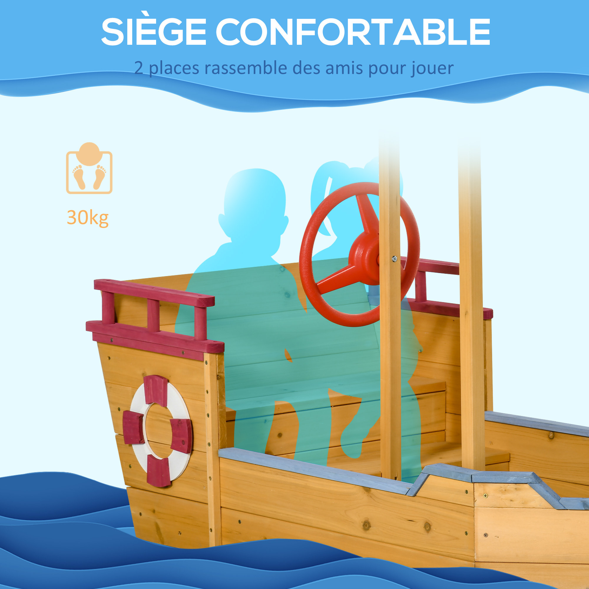 Bac à sable bateau de pirate en bois - voile d'ombrage, coffre rangement, gouvernail - bois sapin pré-huilé