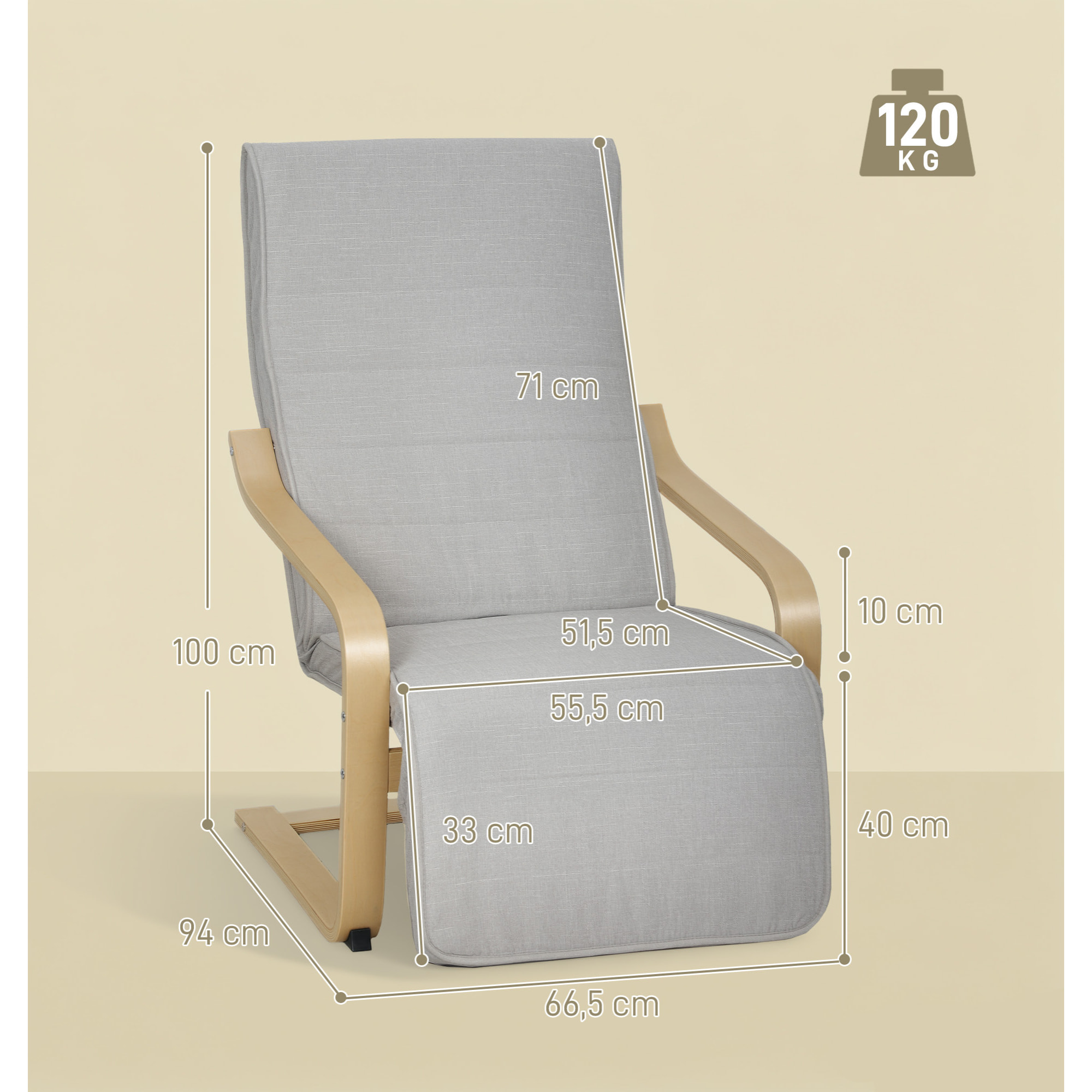 Sillón de Salón con Reposapiés Ajustable, Butaca de Salón Tapizada en Lino Sintético con Marco de Madera, Sillón de Relax para Dormitorio, Oficina, Estudio, 66,5x94x100 cm, Gris Claro