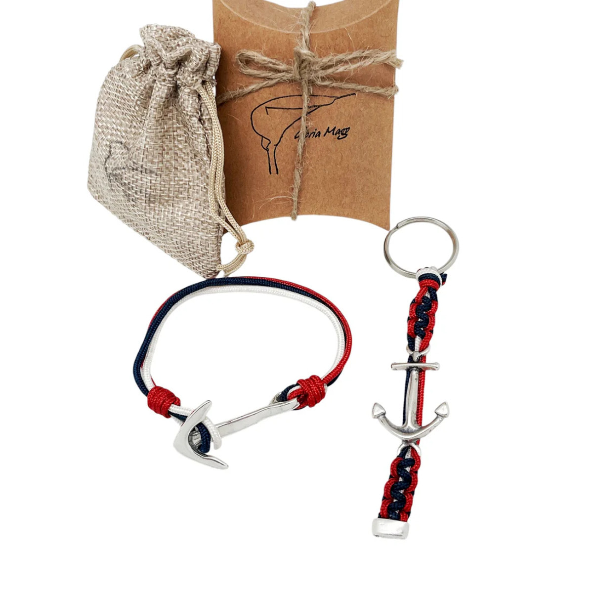 Conjunto pulsera y llavero Marinero nudo serpiente en paracord rojo-azul-blanco