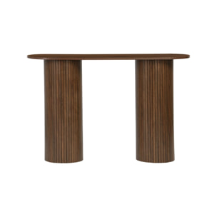 Console ovale scandinave décor bois rainuré. pieds ronds. couleur noyer. L 120 x P 35 x H 75cm