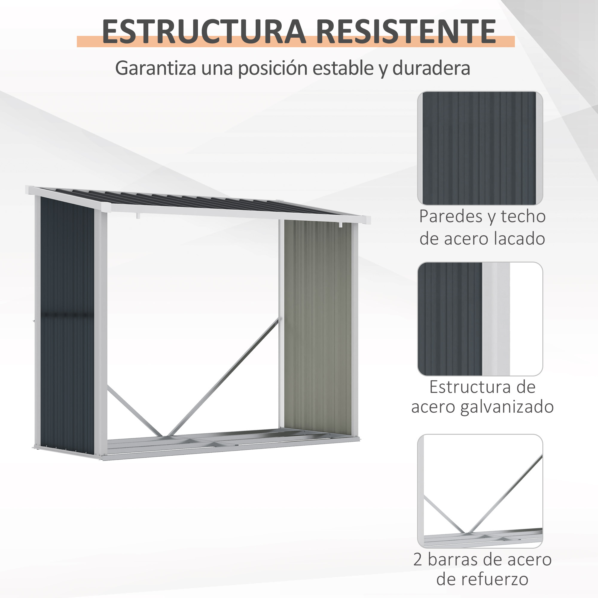 Casetilla para Leña Acero Galvanizado Cobertizo Leñero de Almacenamiento de Troncos con Techo Inclinado para Jardín Terraza Exterior 185x84x133,5/148,5 cm Gris