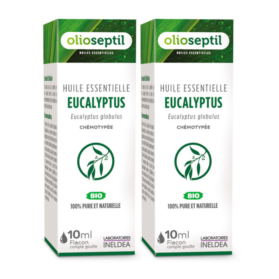 OLIOSEPTIL - Huile essentielle d'Eucalyptus Globulus - 100% Pure et naturelle - BIO - HEBBD (biochimiquement et botaniquement définie) - 100% origine naturelle - Lot de 2 Flacons 10ml